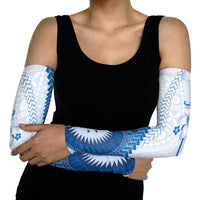Bula Fiji Arm Sleeves Blue Plumeria Masi Tapa Pattern LT05 - Polynesian Pride