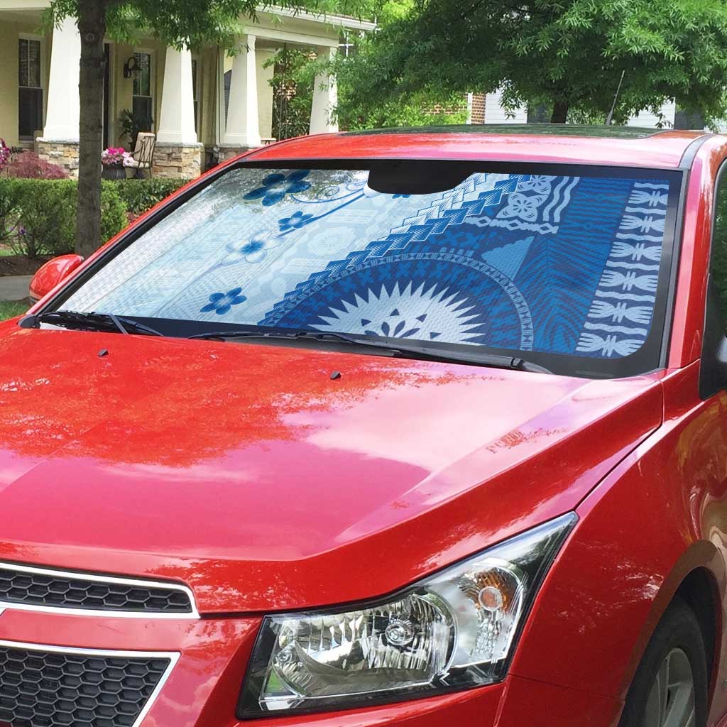 Bula Fiji Auto Sun Shade Blue Plumeria Masi Tapa Pattern - Polynesian Pride