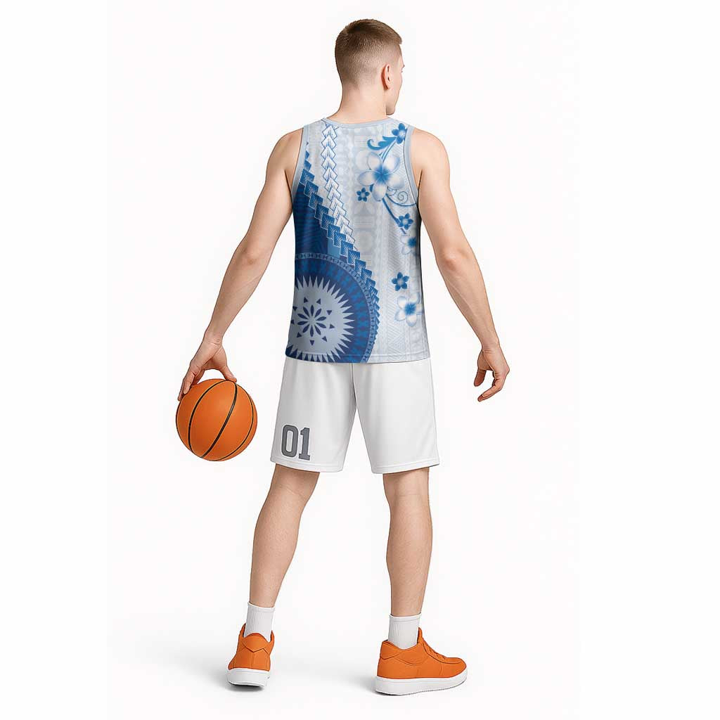 Bula Fiji Basketball Jersey Blue Plumeria Masi Tapa Pattern LT05 - Polynesian Pride