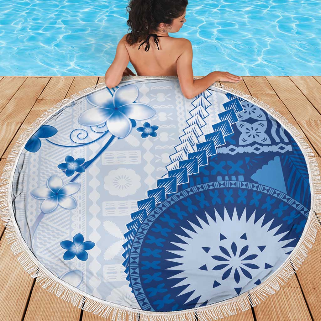 Bula Fiji Beach Blanket Blue Plumeria Masi Tapa Pattern LT05 - Polynesian Pride