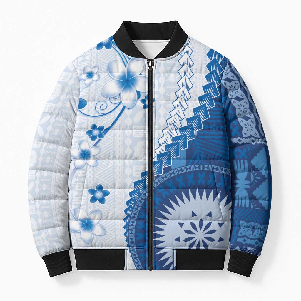Bula Fiji Bomber Puffer Jacket Blue Plumeria Masi Tapa Pattern LT05 Unisex Blue - Polynesian Pride
