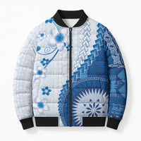 Bula Fiji Bomber Puffer Jacket Blue Plumeria Masi Tapa Pattern LT05 Unisex Blue - Polynesian Pride