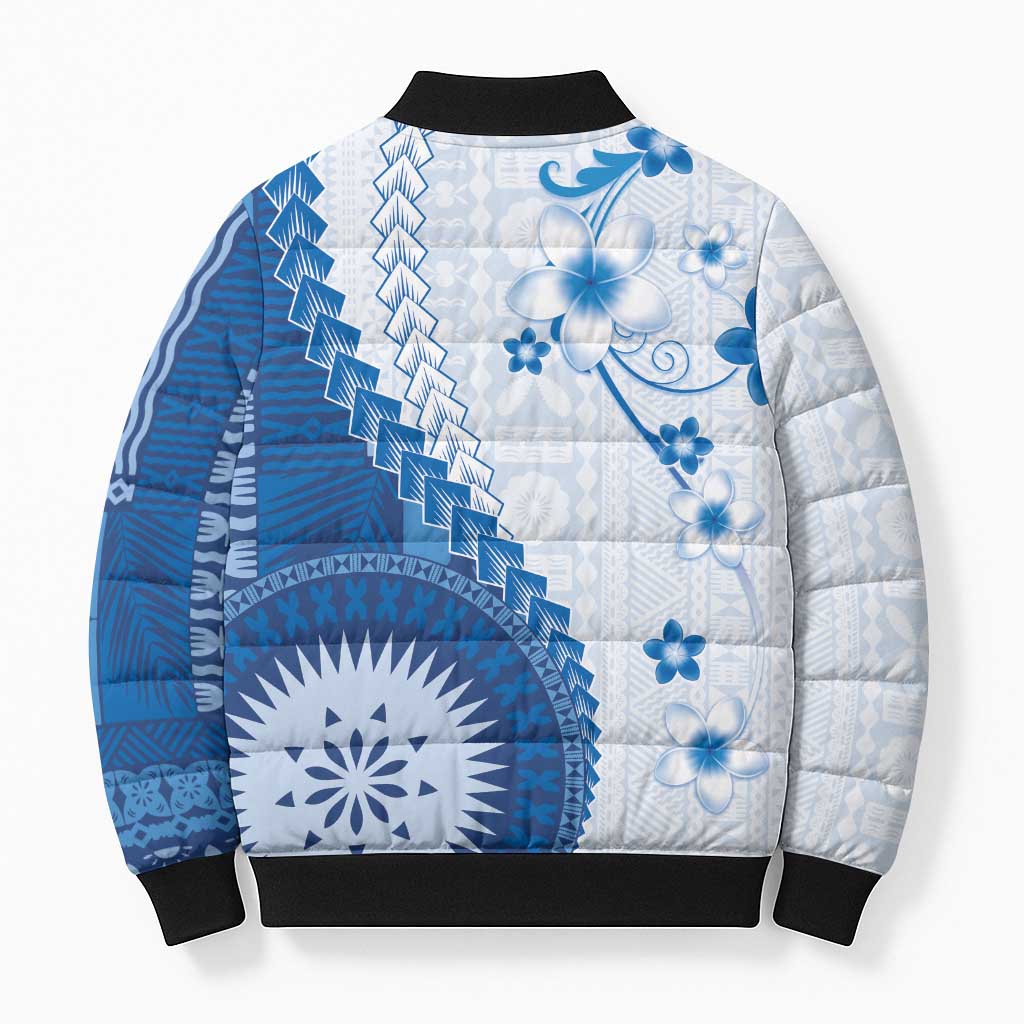 Bula Fiji Bomber Puffer Jacket Blue Plumeria Masi Tapa Pattern LT05 - Polynesian Pride