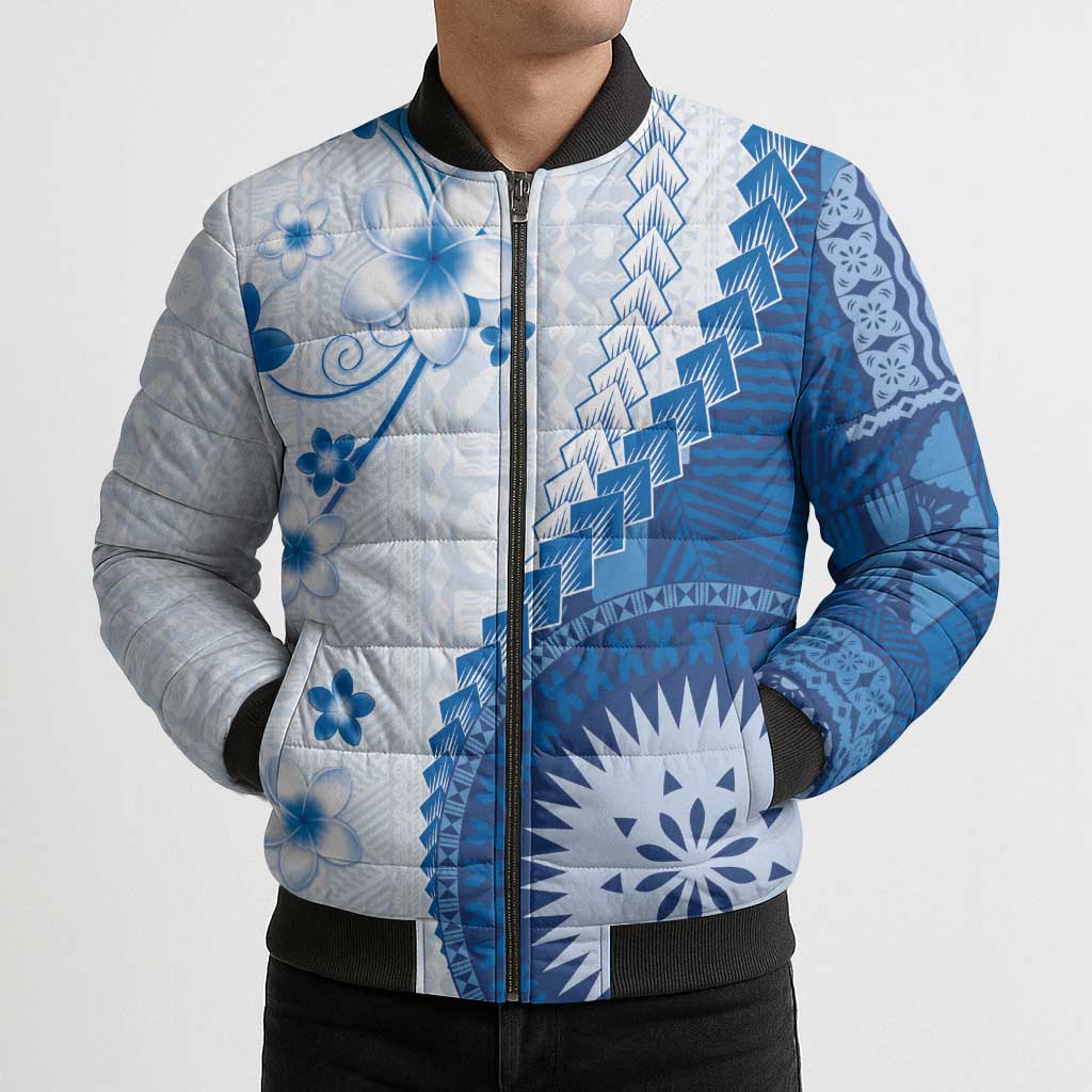 Bula Fiji Bomber Puffer Jacket Blue Plumeria Masi Tapa Pattern LT05 - Polynesian Pride