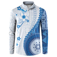 Bula Fiji Button Sweatshirt Blue Plumeria Masi Tapa Pattern LT05 Blue - Polynesian Pride