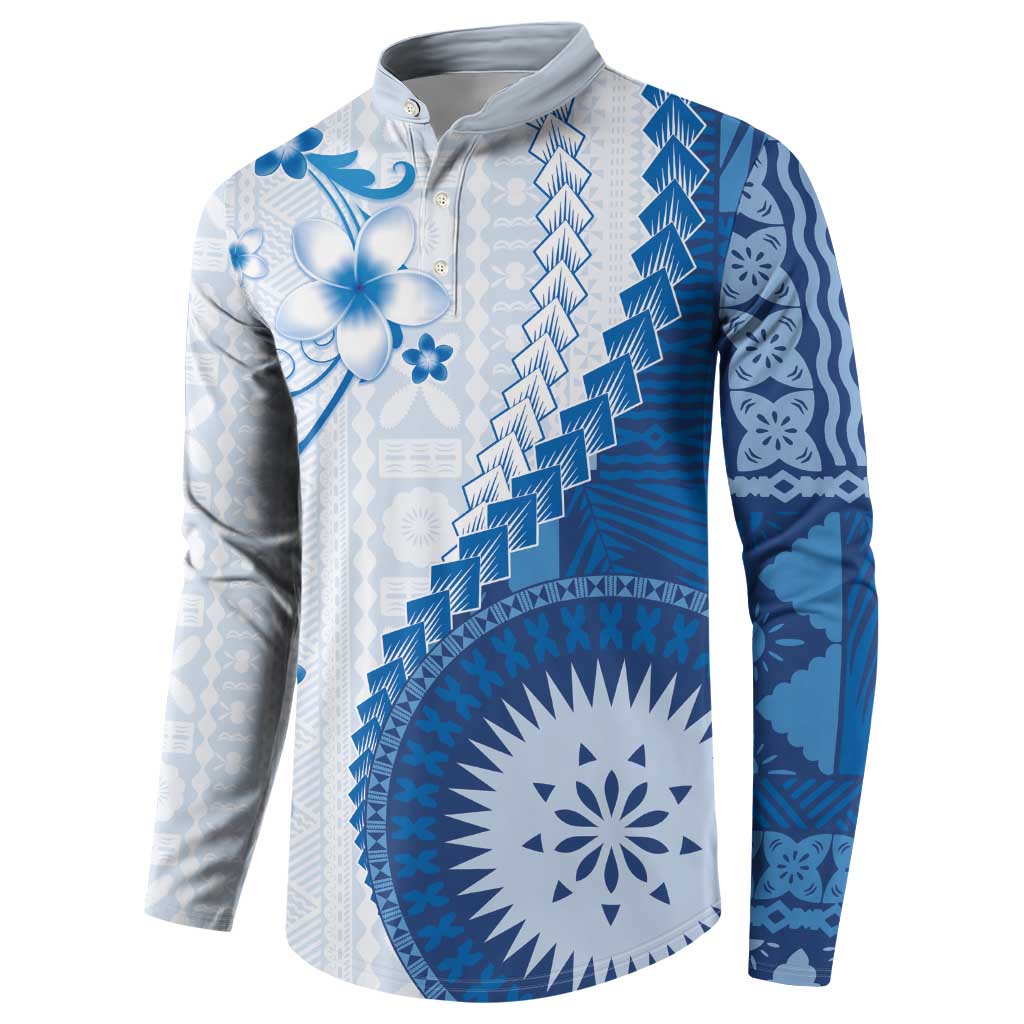 Bula Fiji Button Sweatshirt Blue Plumeria Masi Tapa Pattern LT05 - Polynesian Pride