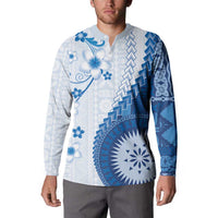 Bula Fiji Button Sweatshirt Blue Plumeria Masi Tapa Pattern LT05 - Polynesian Pride