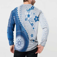 Bula Fiji Button Sweatshirt Blue Plumeria Masi Tapa Pattern LT05 - Polynesian Pride