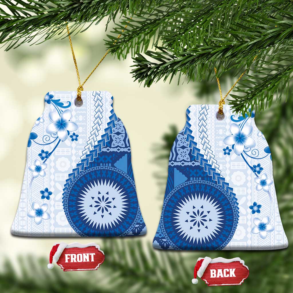 Bula Fiji Ceramic Ornament Blue Plumeria Masi Tapa Pattern LT05 Bell Flake Blue - Polynesian Pride