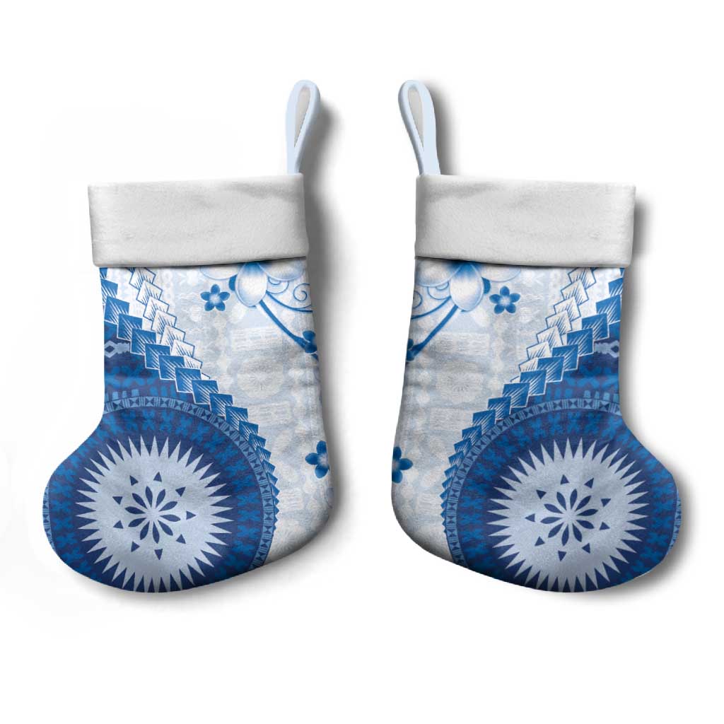 Bula Fiji Christmas Stocking Blue Plumeria Masi Tapa Pattern LT05 - Polynesian Pride