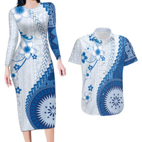 Bula Fiji Couples Matching Long Sleeve Bodycon Dress and Hawaiian Shirt Blue Plumeria Masi Tapa Pattern LT05 Blue - Polynesian Pride
