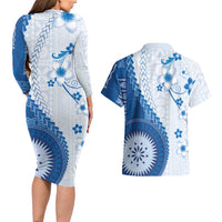 Bula Fiji Couples Matching Long Sleeve Bodycon Dress and Hawaiian Shirt Blue Plumeria Masi Tapa Pattern LT05 - Polynesian Pride