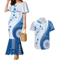Bula Fiji Couples Matching Mermaid Dress and Hawaiian Shirt Blue Plumeria Masi Tapa Pattern - Polynesian Pride
