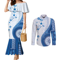 Bula Fiji Couples Matching Mermaid Dress and Long Sleeve Button Shirt Blue Plumeria Masi Tapa Pattern LT05 Blue - Polynesian Pride