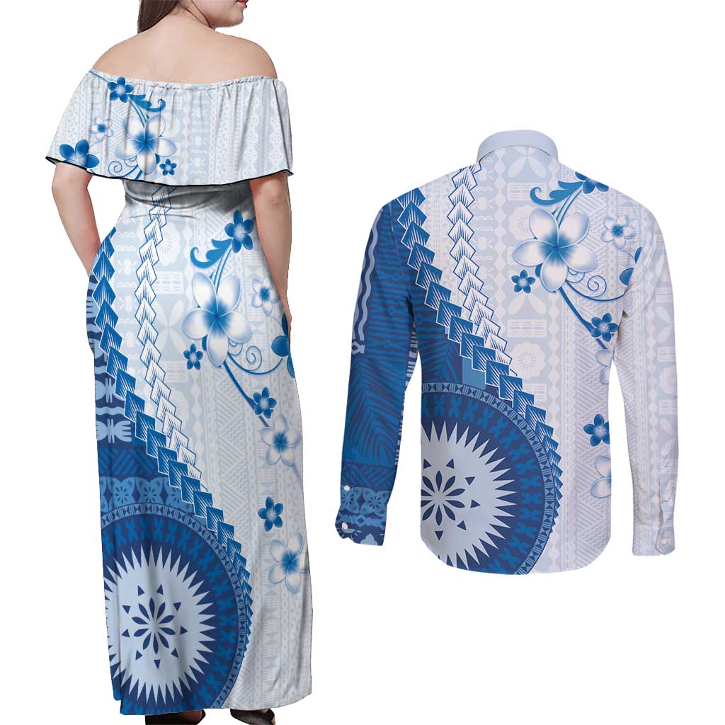 Bula Fiji Couples Matching Off Shoulder Maxi Dress and Long Sleeve Button Shirt Blue Plumeria Masi Tapa Pattern LT05 - Polynesian Pride