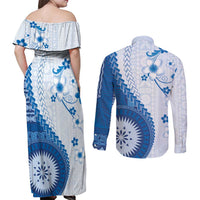Bula Fiji Couples Matching Off Shoulder Maxi Dress and Long Sleeve Button Shirt Blue Plumeria Masi Tapa Pattern LT05 - Polynesian Pride