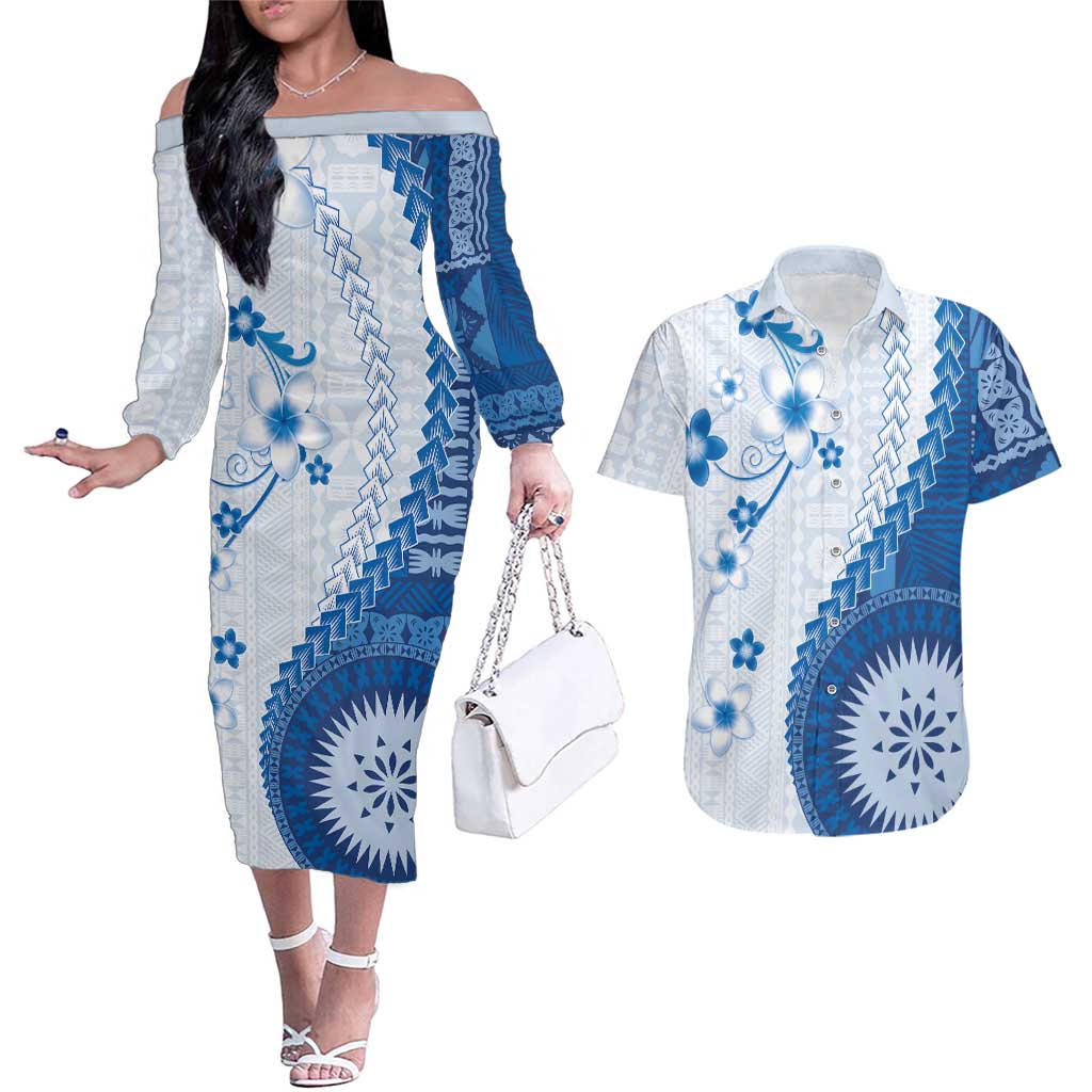 Bula Fiji Couples Matching Off The Shoulder Long Sleeve Dress and Hawaiian Shirt Blue Plumeria Masi Tapa Pattern LT05 Blue - Polynesian Pride