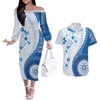 Bula Fiji Couples Matching Off The Shoulder Long Sleeve Dress and Hawaiian Shirt Blue Plumeria Masi Tapa Pattern LT05 Blue - Polynesian Pride