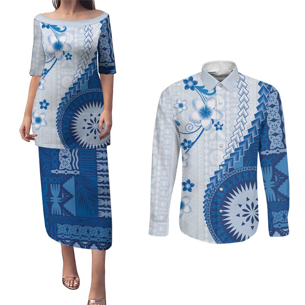 Bula Fiji Couples Matching Puletasi and Long Sleeve Button Shirt Blue Plumeria Masi Tapa Pattern - Polynesian Pride