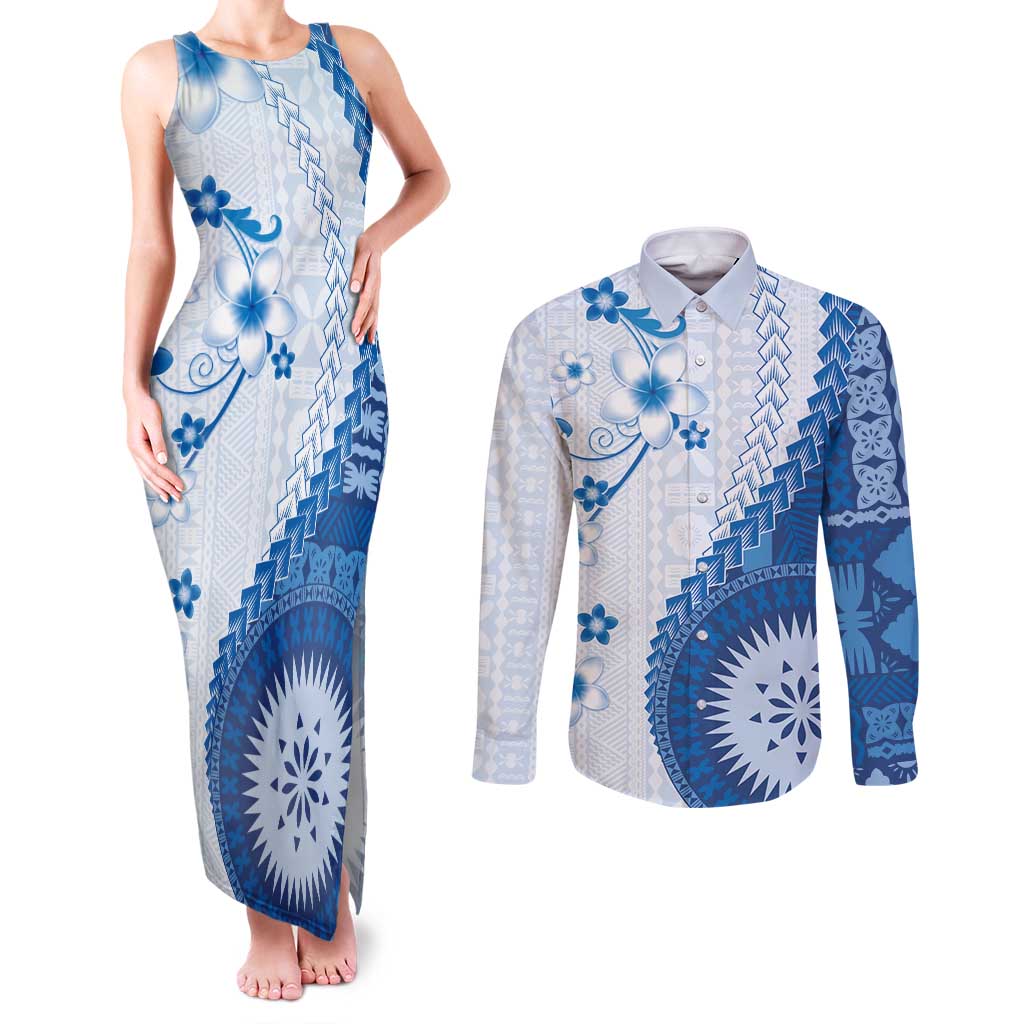 Bula Fiji Couples Matching Tank Maxi Dress and Long Sleeve Button Shirt Blue Plumeria Masi Tapa Pattern - Polynesian Pride
