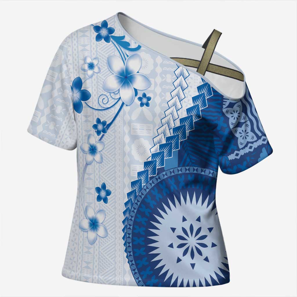 Bula Fiji Cross Shoulder Shirt Blue Plumeria Masi Tapa Pattern - Polynesian Pride