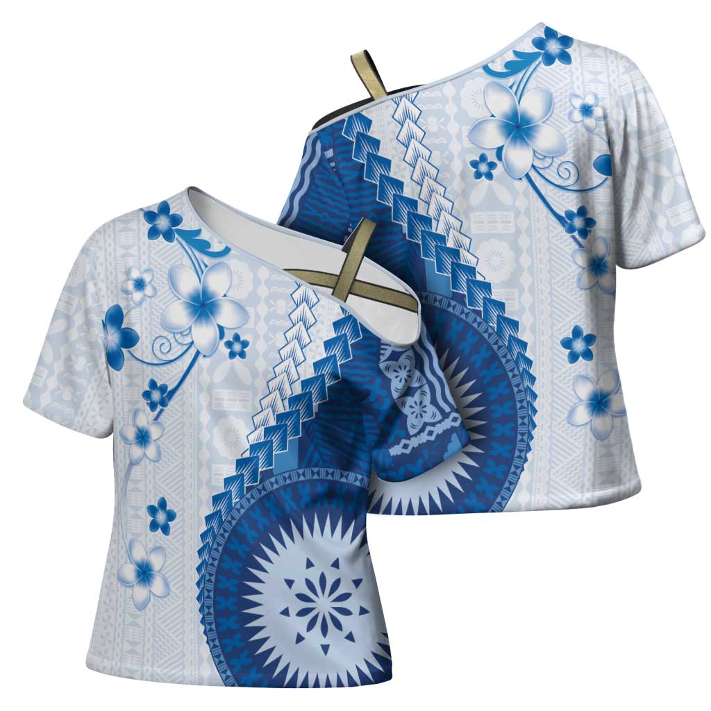 Bula Fiji Cross Shoulder Shirt Blue Plumeria Masi Tapa Pattern LT05 - Polynesian Pride