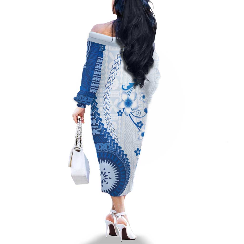 Bula Fiji Family Matching Off The Shoulder Long Sleeve Dress and Hawaiian Shirt Blue Plumeria Masi Tapa Pattern - Polynesian Pride