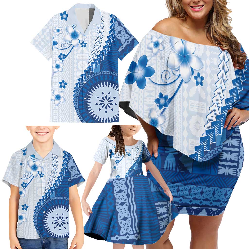 Bula Fiji Family Matching Off Shoulder Short Dress and Hawaiian Shirt Blue Plumeria Masi Tapa Pattern - Polynesian Pride