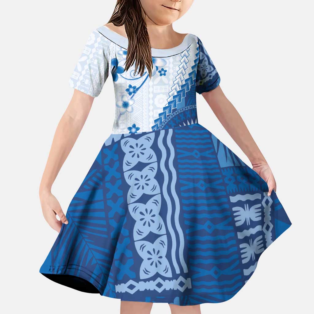 Bula Fiji Family Matching Puletasi and Hawaiian Shirt Blue Plumeria Masi Tapa Pattern LT05 Daughter's Dress Blue - Polynesian Pride