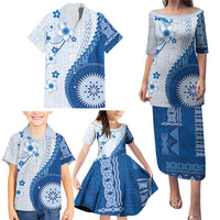 Bula Fiji Family Matching Puletasi and Hawaiian Shirt Blue Plumeria Masi Tapa Pattern LT05 - Polynesian Pride