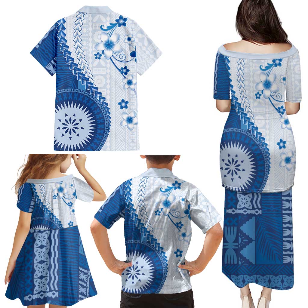 Bula Fiji Family Matching Puletasi and Hawaiian Shirt Blue Plumeria Masi Tapa Pattern LT05 - Polynesian Pride