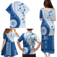 Bula Fiji Family Matching Puletasi and Hawaiian Shirt Blue Plumeria Masi Tapa Pattern LT05 - Polynesian Pride