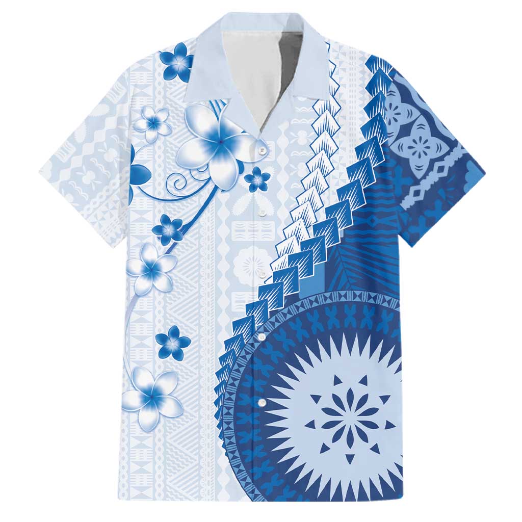 Bula Fiji Family Matching Puletasi and Hawaiian Shirt Blue Plumeria Masi Tapa Pattern LT05 Dad's Shirt - Short Sleeve Blue - Polynesian Pride