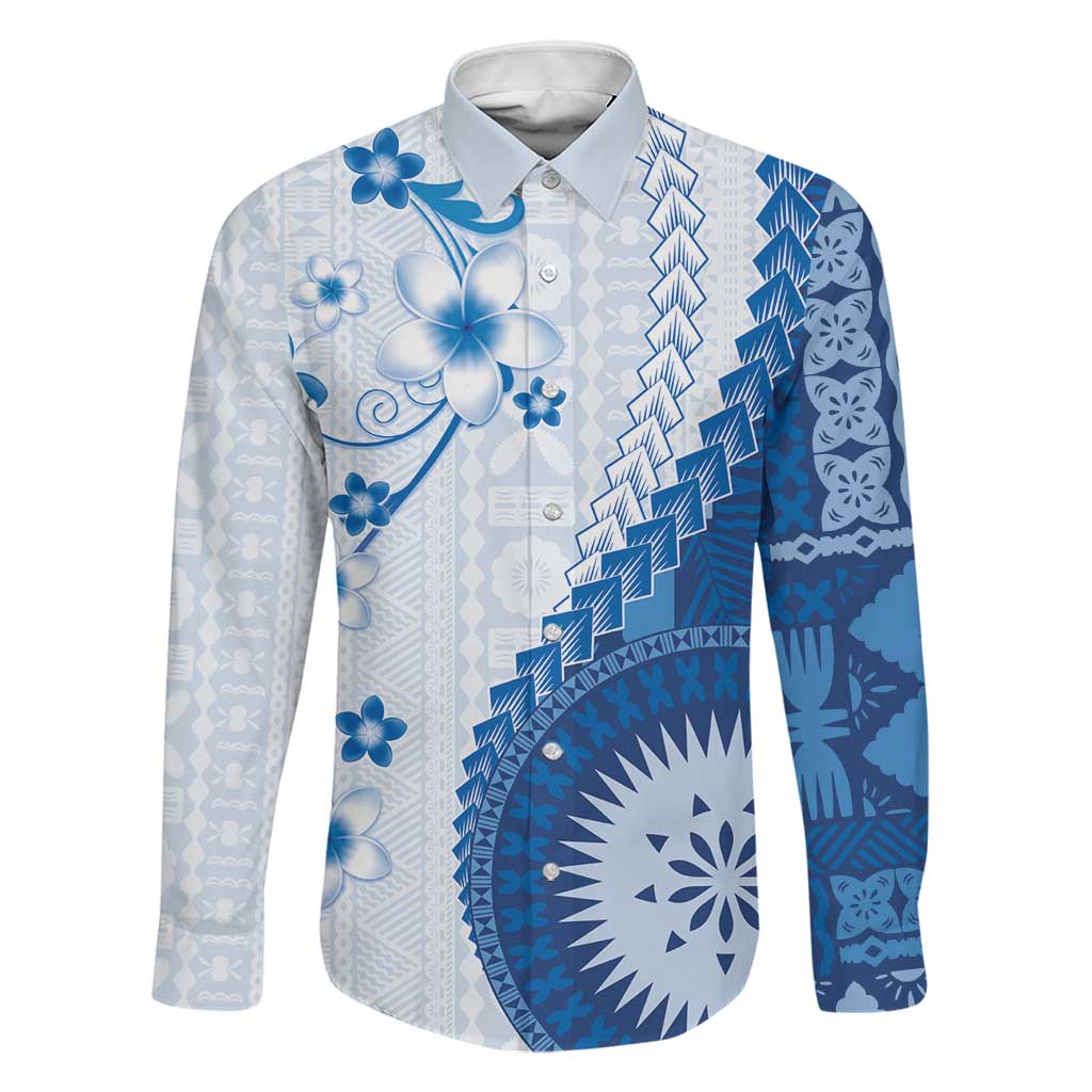 Bula Fiji Family Matching Puletasi and Hawaiian Shirt Blue Plumeria Masi Tapa Pattern LT05 Dad's Shirt - Long Sleeve Blue - Polynesian Pride