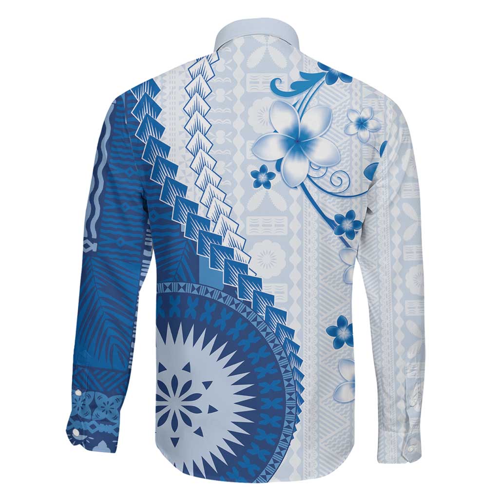 Bula Fiji Family Matching Puletasi and Hawaiian Shirt Blue Plumeria Masi Tapa Pattern LT05 - Polynesian Pride