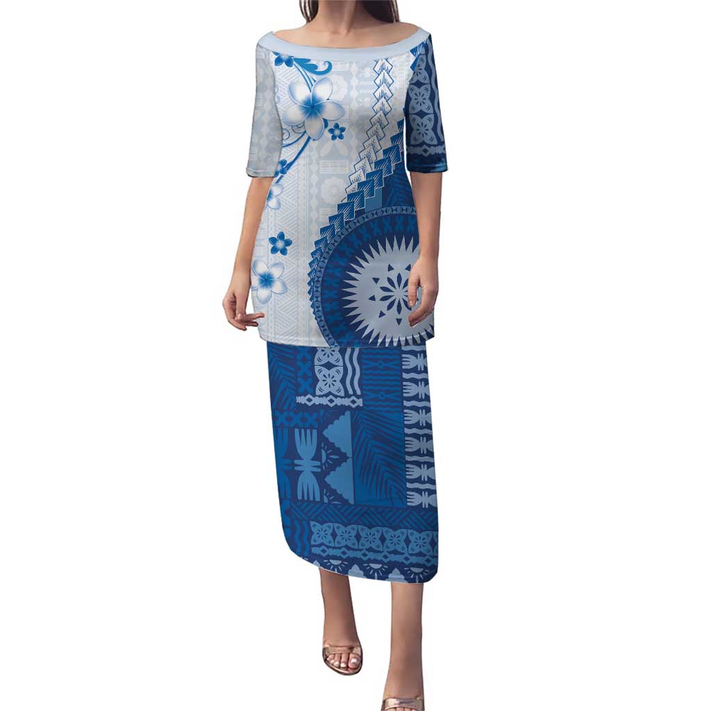 Bula Fiji Family Matching Puletasi and Hawaiian Shirt Blue Plumeria Masi Tapa Pattern LT05 Mom's Dress Blue - Polynesian Pride