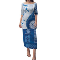 Bula Fiji Family Matching Puletasi and Hawaiian Shirt Blue Plumeria Masi Tapa Pattern LT05 Mom's Dress Blue - Polynesian Pride
