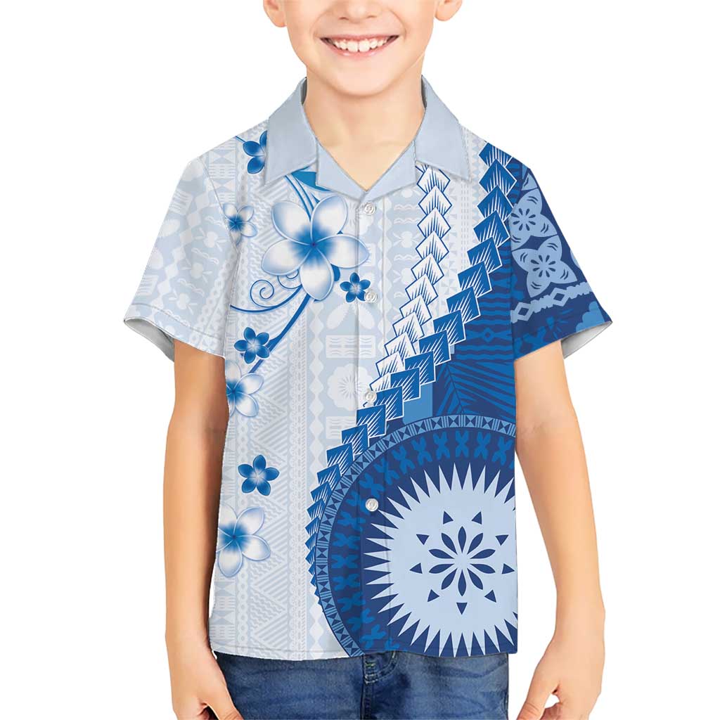 Bula Fiji Family Matching Puletasi and Hawaiian Shirt Blue Plumeria Masi Tapa Pattern LT05 Son's Shirt Blue - Polynesian Pride