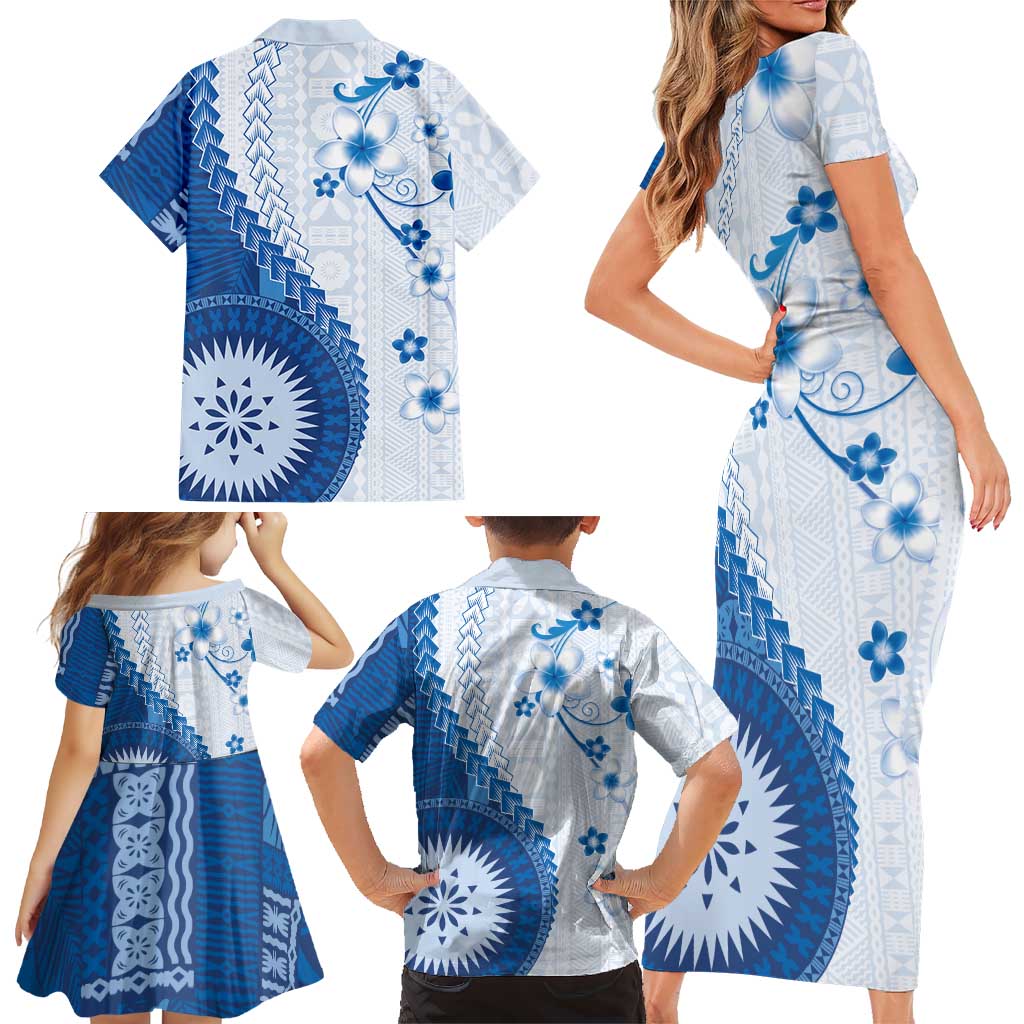 Bula Fiji Family Matching Short Sleeve Bodycon Dress and Hawaiian Shirt Blue Plumeria Masi Tapa Pattern - Polynesian Pride