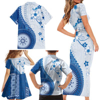 Bula Fiji Family Matching Short Sleeve Bodycon Dress and Hawaiian Shirt Blue Plumeria Masi Tapa Pattern - Polynesian Pride