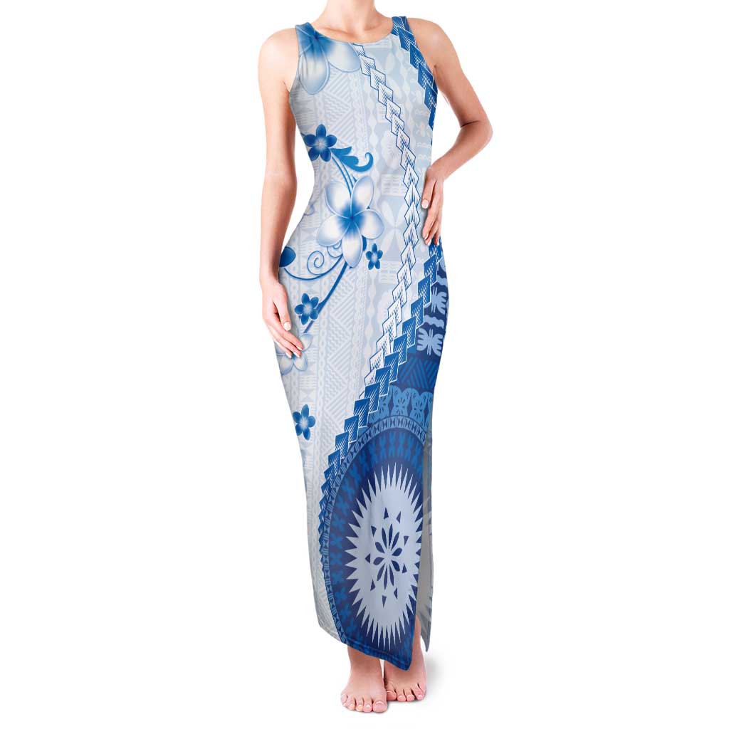 Bula Fiji Family Matching Tank Maxi Dress and Hawaiian Shirt Blue Plumeria Masi Tapa Pattern - Polynesian Pride