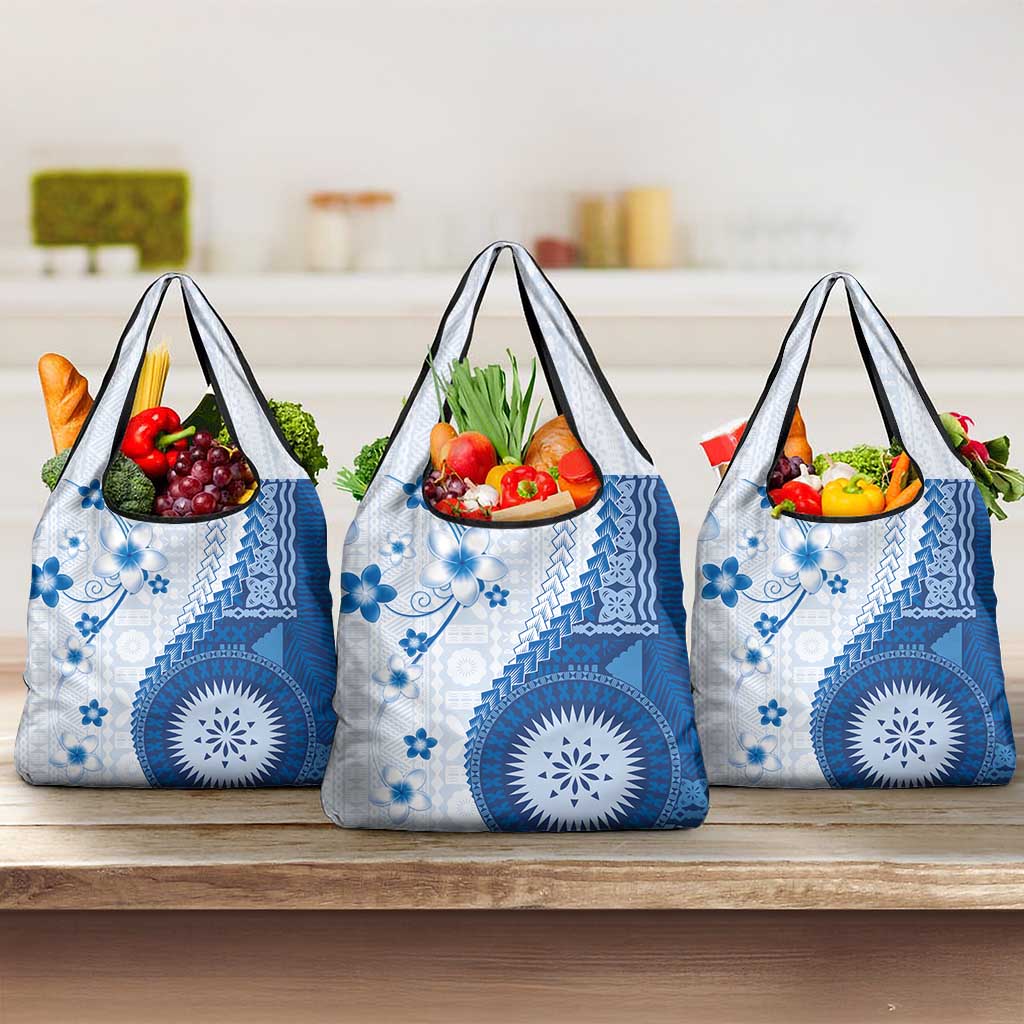 Bula Fiji Grocery Bag Blue Plumeria Masi Tapa Pattern LT05 3-pack One Size Blue - Polynesian Pride