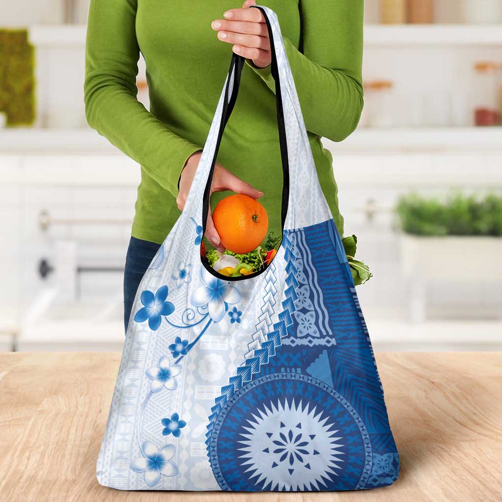 Bula Fiji Grocery Bag Blue Plumeria Masi Tapa Pattern LT05 - Polynesian Pride