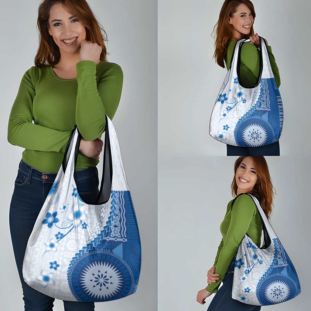 Bula Fiji Grocery Bag Blue Plumeria Masi Tapa Pattern LT05 - Polynesian Pride