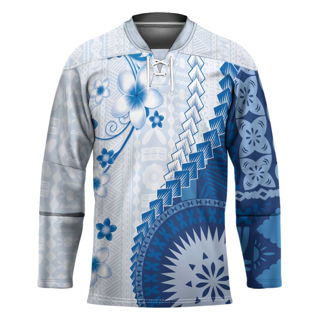 Bula Fiji Hockey Jersey Blue Plumeria Masi Tapa Pattern - Polynesian Pride