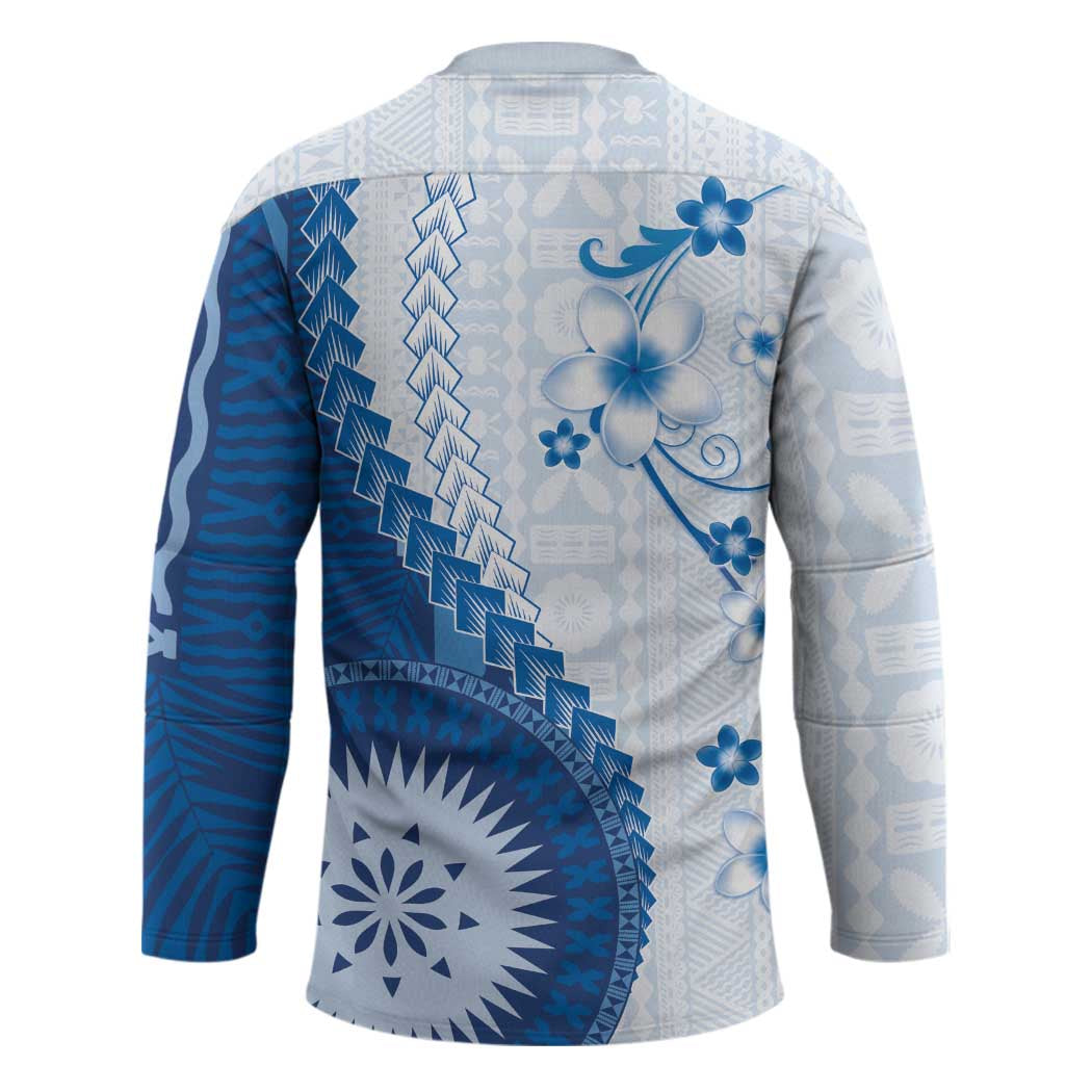 Bula Fiji Hockey Jersey Blue Plumeria Masi Tapa Pattern LT05 - Polynesian Pride