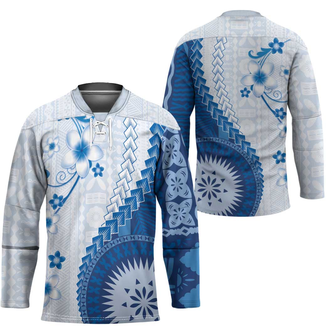 Bula Fiji Hockey Jersey Blue Plumeria Masi Tapa Pattern LT05 - Polynesian Pride