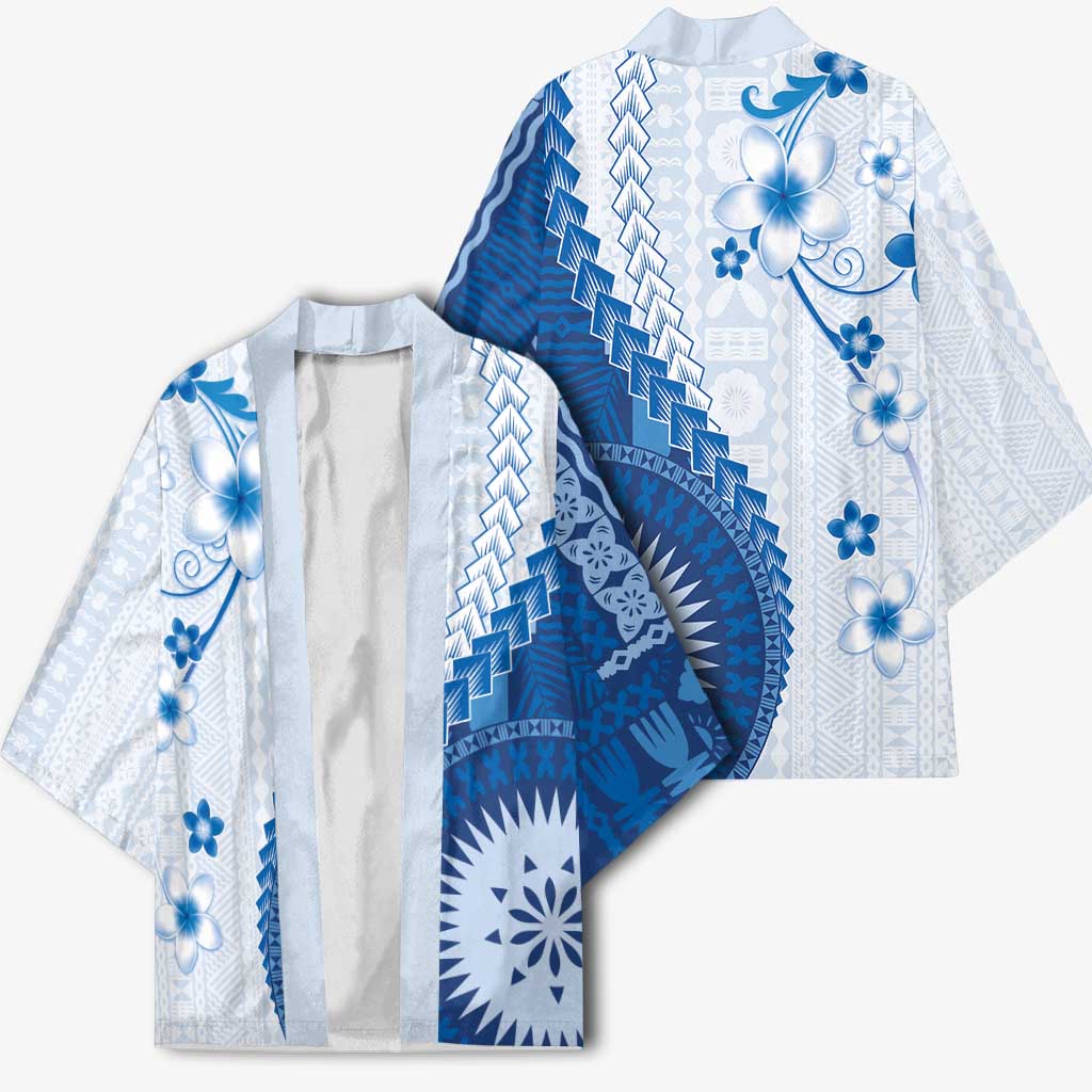 Bula Fiji Kimono Blue Plumeria Masi Tapa Pattern LT05 - Polynesian Pride