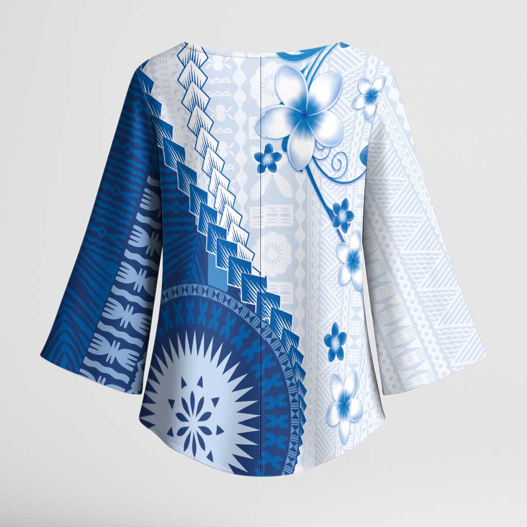 Bula Fiji Kimono Sleeve Blouse Blue Plumeria Masi Tapa Pattern LT05 - Polynesian Pride