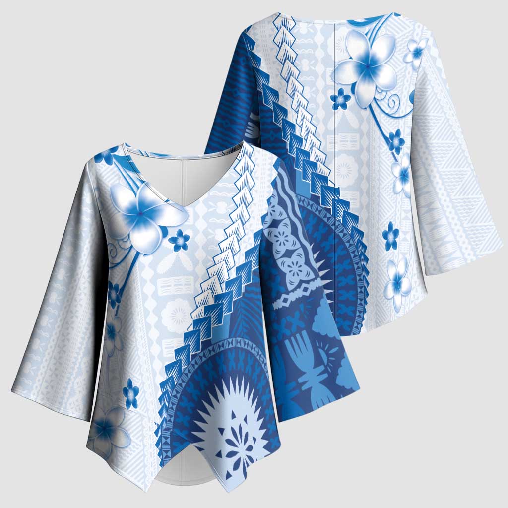 Bula Fiji Kimono Sleeve Blouse Blue Plumeria Masi Tapa Pattern LT05 - Polynesian Pride